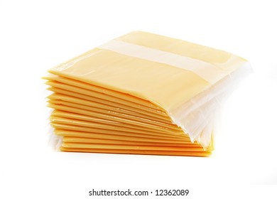 Slices Of Cheese Individually Wrapped, Isolated On White