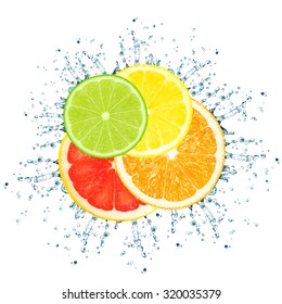 Slices Citrus Splash Isolated On White Background