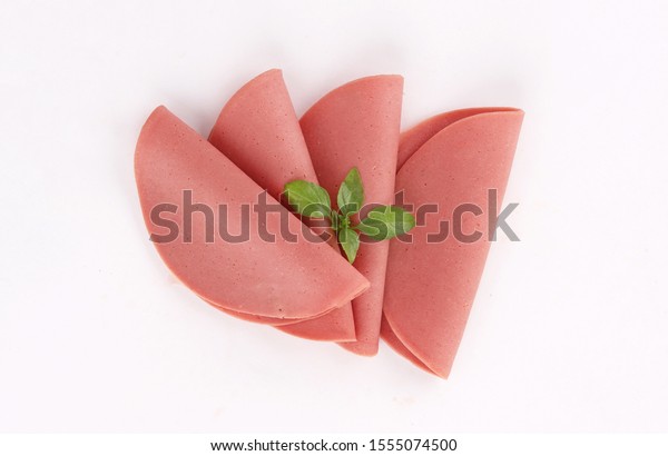 slices of deli meat, cold cuts,\
appetisers, ham, mortadella, salami on white\
background