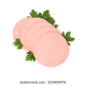 Slices Of Delicious Boiled Sausage With Parsley On White Background, Top View