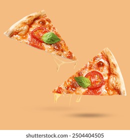 Slices of delicious pizza in air on color background - Powered by Shutterstock