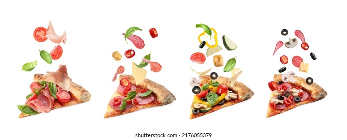 Slices of delicious pizzas and flying ingredients on white background, collage. Banner design - Shutterstock ID 2176055379