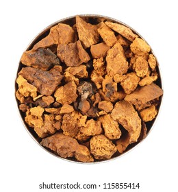 slices of dried chaga - medicinal fungus growing on birch, medicine, cure for cancer, isolated white background