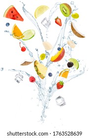 slices of fresh fruit flying among water vertical splashes isolated on white background