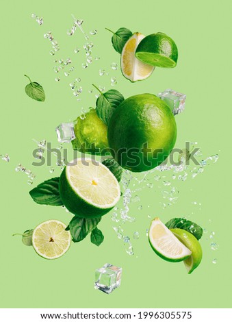 Slices of fresh and ripe lime with ice cubes, splashing water and mint leaves thrown in the air, flying and levitating on a bright green background. Creative food concept. Summer citrus fruit.