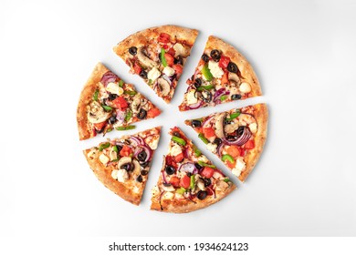 slices of fresh round pizza with chicken meat, vegetables, mushrooms and cheese top view on a white and gray background. natural shadow with copy space - Shutterstock ID 1934624123