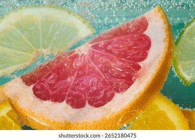 Slices of grapefruit, lemon, and lime float in sparkling water, showcasing bright colors and bubbles