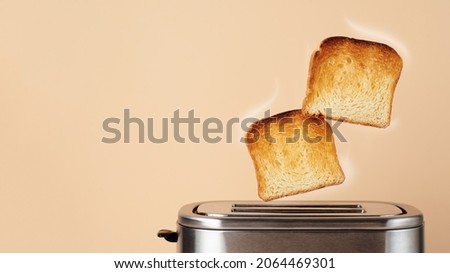 Slices of the hot toasts jumping out of the toaster. Horizontal photo with place for text.
