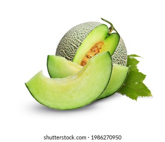 Slices of Melon green Japanese melon isolated on the white background. This has clipping path. (Photo stacked full depth field)