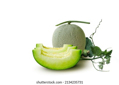 Slices of Melon green Japanese melon isolated on the white background. This has clipping path. (Photo stacked full depth field)                               