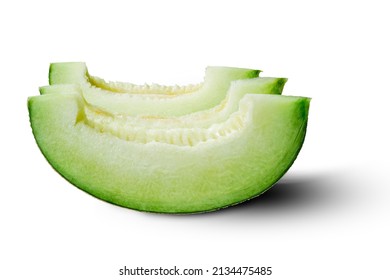 Slices of Melon green Japanese melon isolated on the white background. This has clipping path. (Photo stacked full depth field)                               