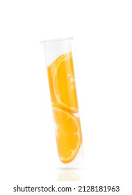 Slices Of Orange In Test Tube Isolated On White. Natural Cosmetics, Natural, Alternative Medicine Concept