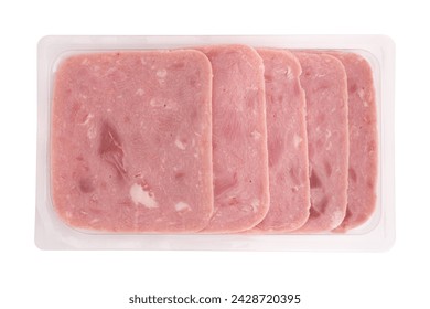 slices of pork ham sausage in plastic package isolated on white background with clipping path, top view - Powered by Shutterstock