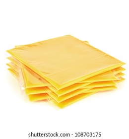Slices Of Processed American Cheese On White Background