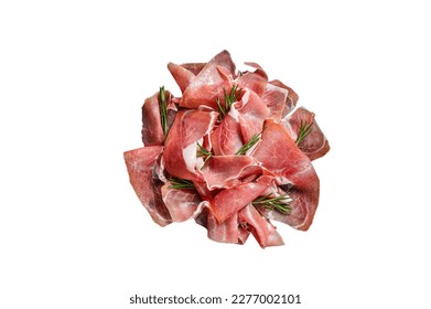 Slices of prosciutto crudo parma or jamon serrano with rosemary. Isolated on white background.