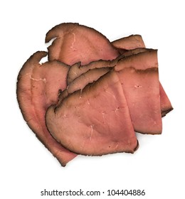 Slices Of Rare Roast Beef, Isolated On White.  Overhead View.