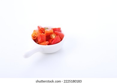 Slices Of Red Cayenne Pepper On A White Background