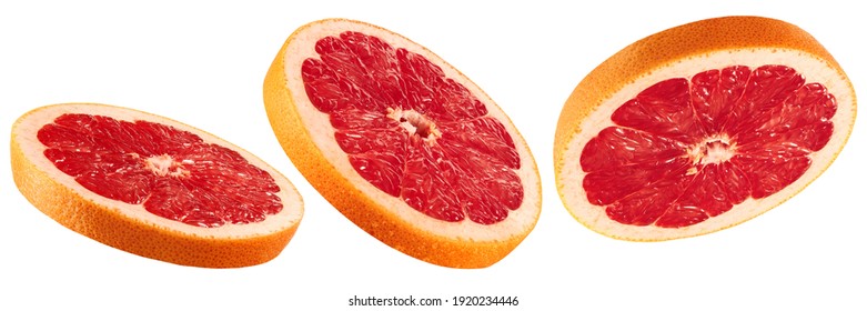 Slices of red grapefruit isolated on white background, collection