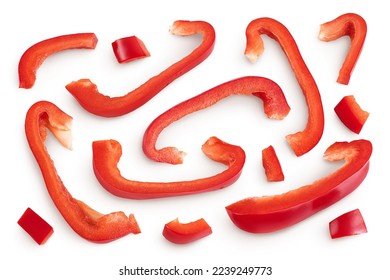 slices of red sweet bell pepper isolated on white background. Top view. Flat lay