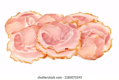 Slices Of Roasted Porchetta, Savory Pork Roast Stuffed With Herbs Of Italian Cuisine, On White Background.