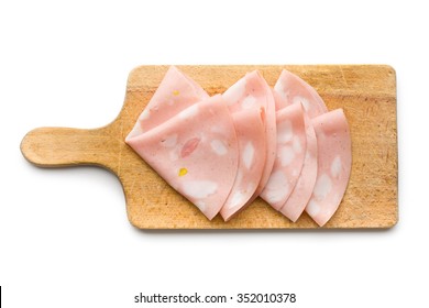 Slices Of Sausage Mortadella On Cutting Board