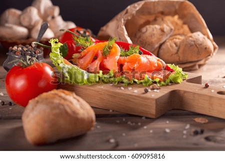 Similar – Image, Stock Photo Bruschetta with cream cheese, cherry tomatoes and basil