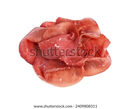 Slices of tasty bresaola isolated on white, top view
