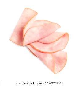 Slices Of Tasty Fresh Ham Isolated On White, Top View