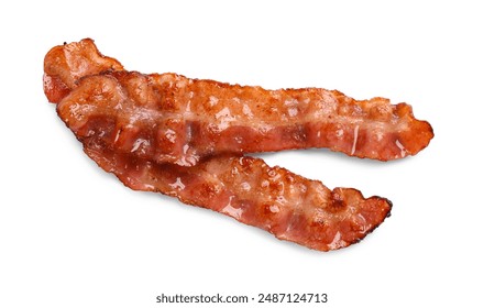 Slices of tasty fried bacon isolated on white, top view