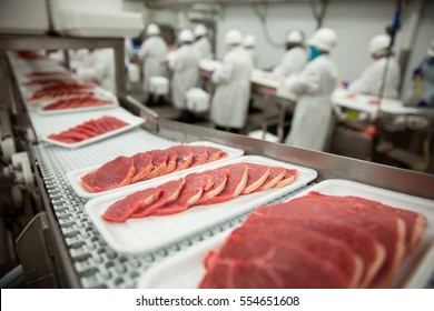 Slices Of Thin Meat Cutlets On A Conveyor Belt For Packaging At Industrial Meat Factory Plant