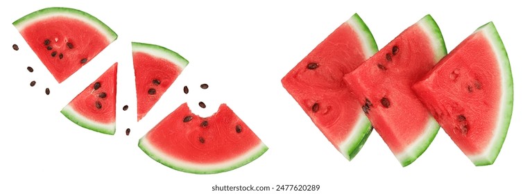 Slices of watermelon isolated on white background. Top view. Flat lay