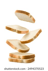 Slices of white bread falling on white background.
