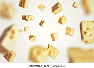 Slicing cheese, flying food cheese. Falling pieces of cheese freezelight of quick motion.