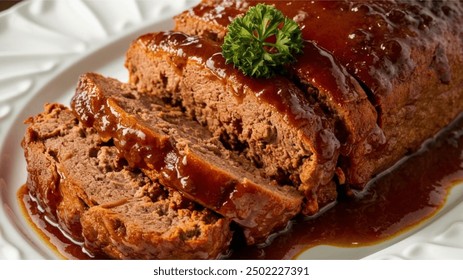 Slicing classic meatloaf with a sweet glaze on a white serving plate - Powered by Shutterstock