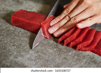 Slicing Tuna Saku Block With Sashimi Knife 