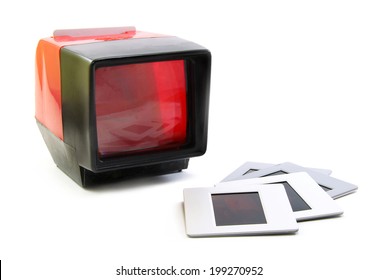 Slide Projector And Slide Flim Vintage On White Background