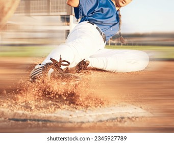 Slide, softball action and player in match or game for sports competition on a pitch in a stadium. Goal, ground and tournament performance by athlete or base runner in training, exercise or workout - Powered by Shutterstock