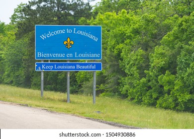 Slidell, USA - April 22, 2018: Highway road with welcome to Louisiana sign and text on interstate i10