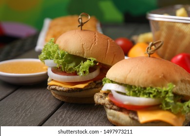 Slider Chicken Burger On Wood Table