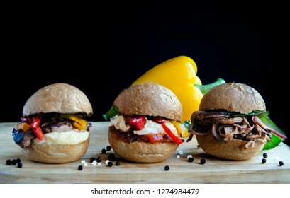 Sliders Sandwiches Pulled Pork Chicken Cheese And Steak In The Black Background And Pepper 