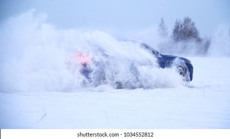 Sliding On An Ice Line. Snow Drifting. Snowy Land Road At Winter