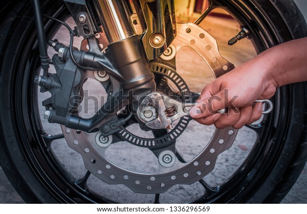 Sliding wrench,Engine,\
Headlight, Nut, Shock absorber, Pump, Disc brake, Wheel, Big bike\
background.