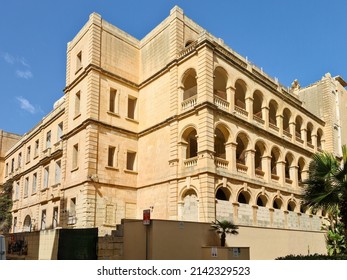 Sliema, Malta - October 6th 2020: The terraced arches on the derelict Fort Cambridge officers’ mess, built in 1905 for the British army and viewed from Triq Tigne.
