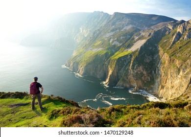 Slieve League, Irelands highest sea cliffs, located in south west Donegal along this magnificent costal driving route. One of the most popular stops at Wild Atlantic Way route, Co Donegal, Ireland.