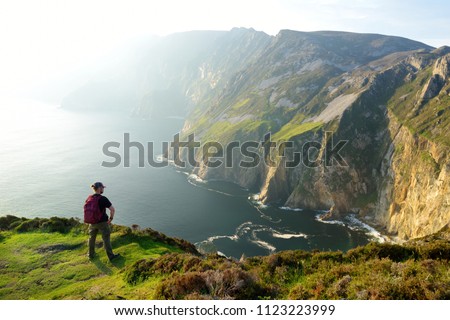 Slieve League, Irelands highest sea cliffs, located in south west Donegal along this magnificent costal driving route. One of the most popular stops at Wild Atlantic Way route, Co Donegal, Ireland.