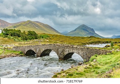 Sligachan Old Bridge in the cloudy day. Isle of Skye. Scotland landscape.
