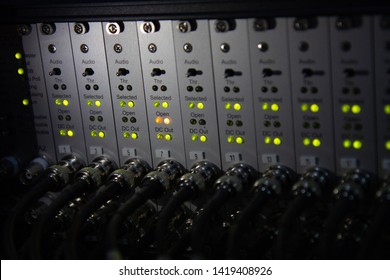 Slight Blurry Of Modern Testing Instrument Panel, Acoustic Emission Testing, With RG-58 Coaxial Cable Connected Via BNC Connector And Display LED Status Of Each Channel.