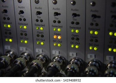 Slight Blurry Of Modern Testing Instrument Panel, Acoustic Emission Testing, With RG-58 Coaxial Cable Connected Via BNC Connector And Display LED Status Of Each Channel.