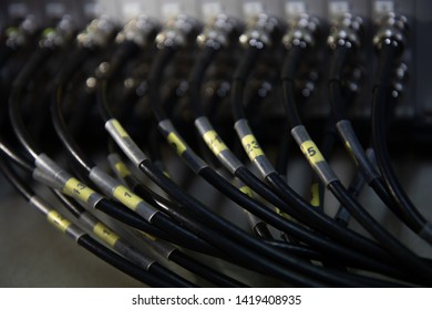 Slight Blurry Of Modern Testing Instrument Panel, Acoustic Emission Testing, With RG-58 Coaxial Cable Connected Via BNC Connector And Display LED Status Of Each Channel.