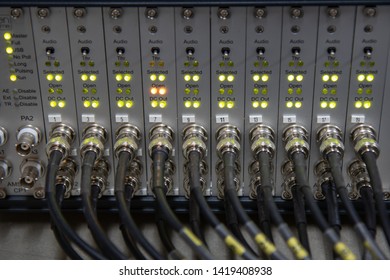 Slight Blurry Of Modern Testing Instrument Panel, Acoustic Emission Testing, With RG-58 Coaxial Cable Connected Via BNC Connector And Display LED Status Of Each Channel.